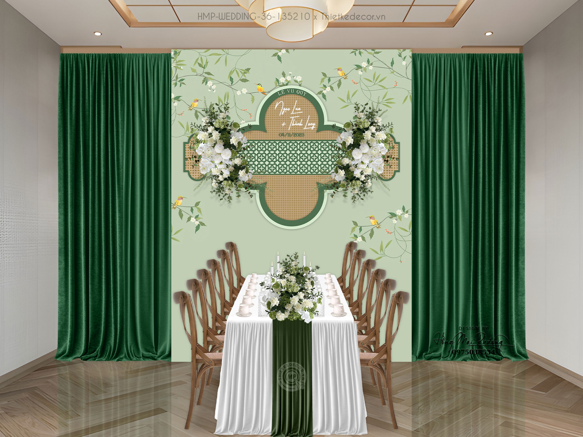 Gia tiên tone xanh lá họa tiết chim cành